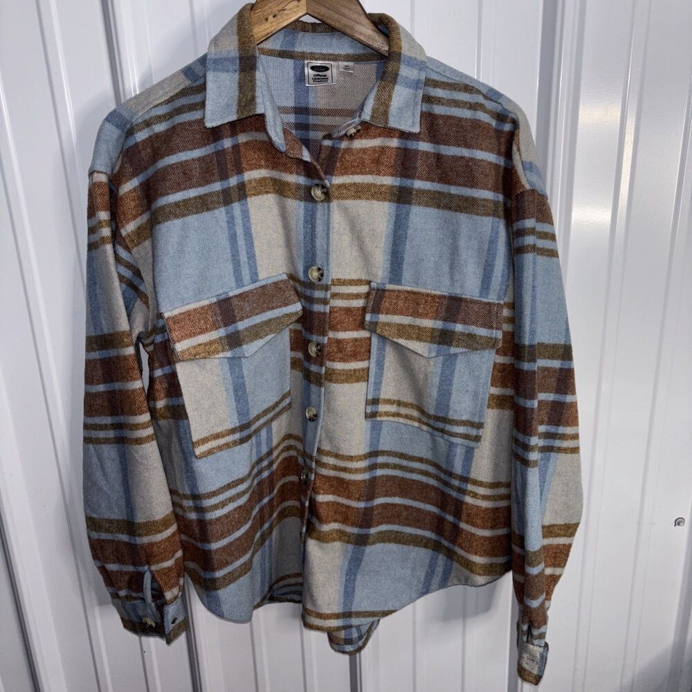 Womens Ford Bronco Plaid Flannel Button Up Shirt Medium Blue Brown Pockets Retro